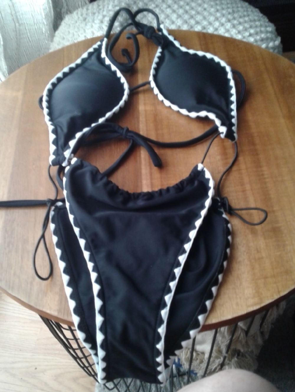 Source Unknown Black Bikini with White Scalloped Trim